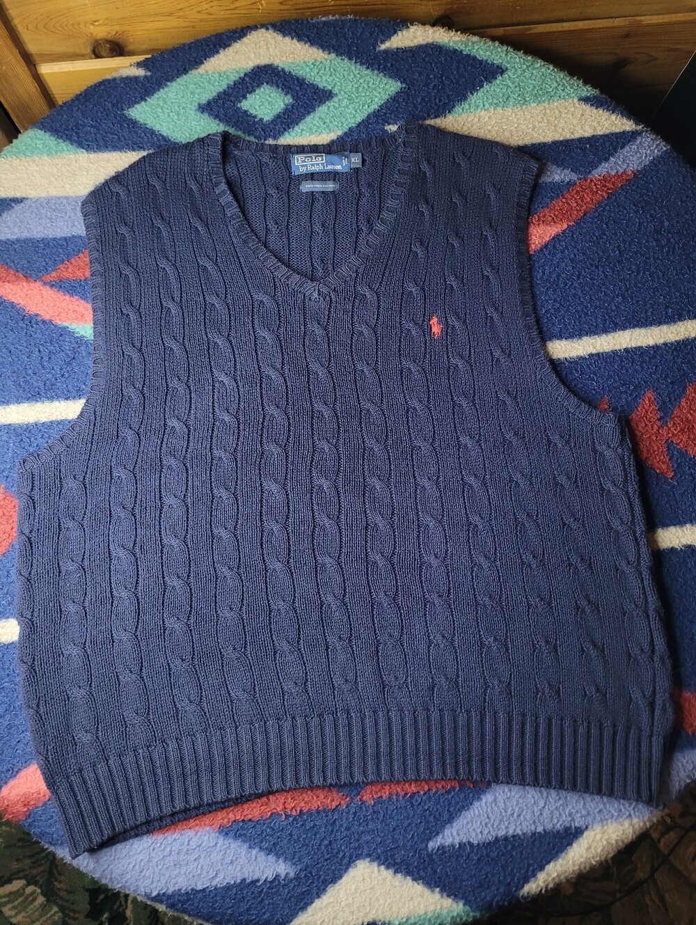 Polo Ralph Lauren Sweater Vest Mens XL Blue Cable Knit Red Pony Pima Cotton Golf